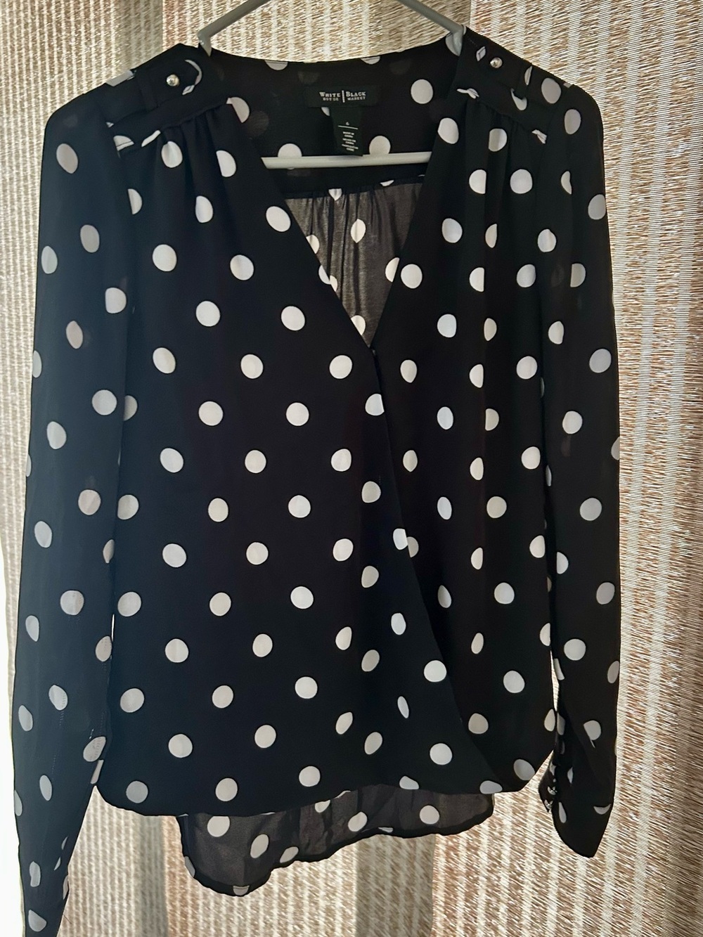 White House Black Market Black and White Polka Dot Wrap Blouse